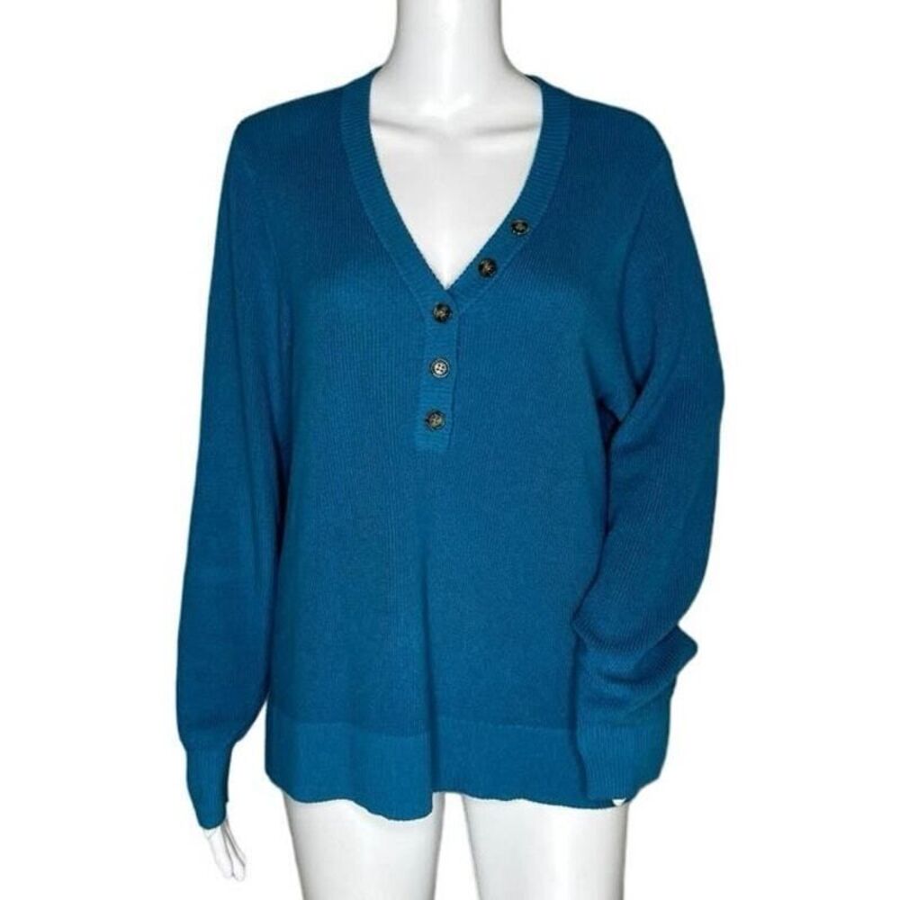 St. Johns Bay Teal Blue Sweater Large V-Neck Button Front Coastal Grandma Preppy